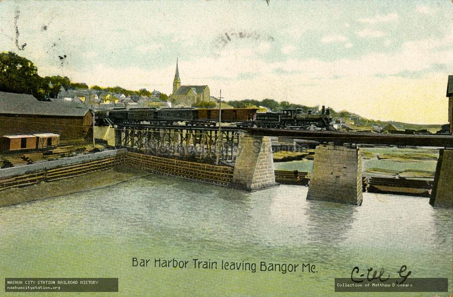 Postcard: Bar Harbor Train leaving Bangor, Maine